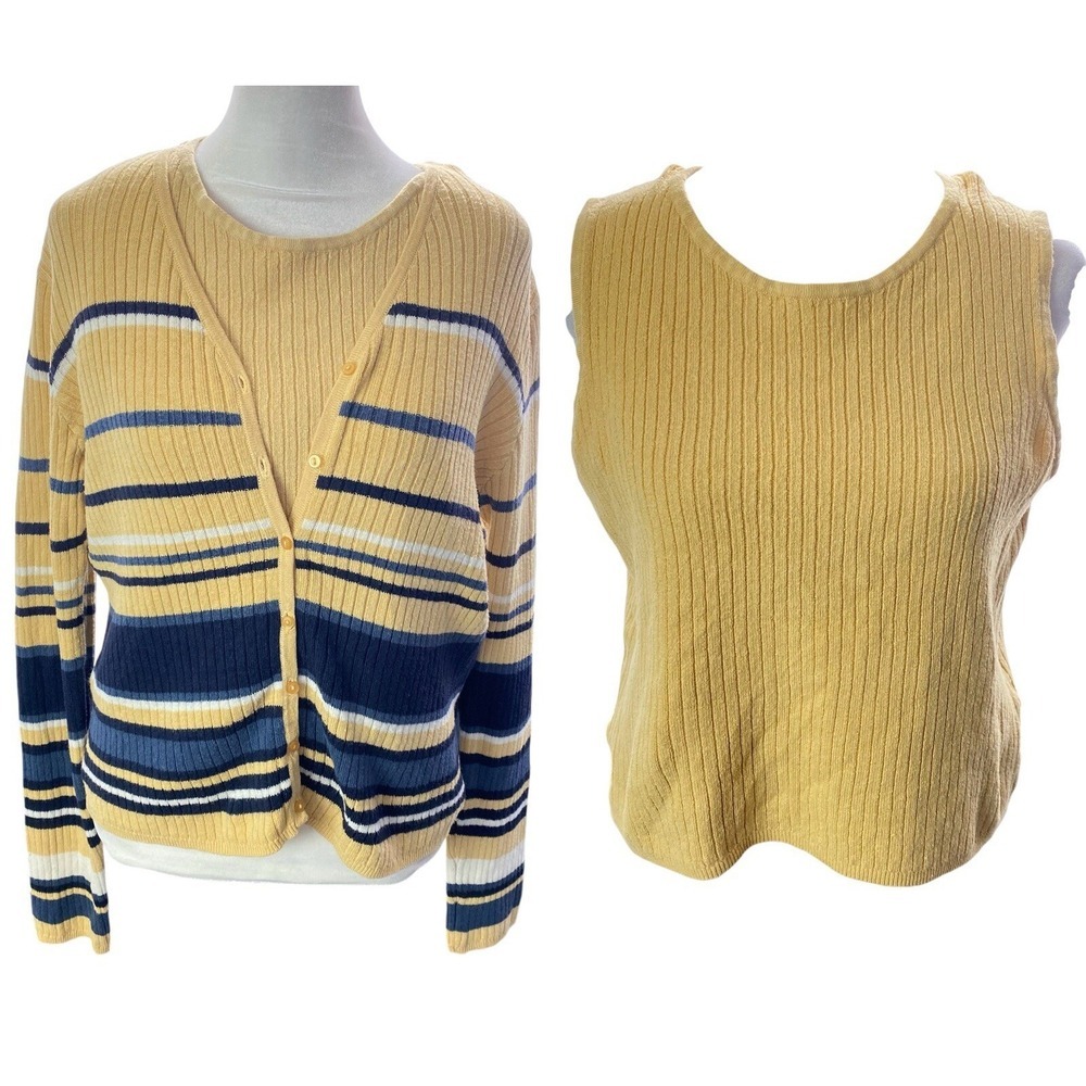 Vtg PAUL HARRIS Women Button Front Vest Sweater Set Sz M Yellow Blue 93-15